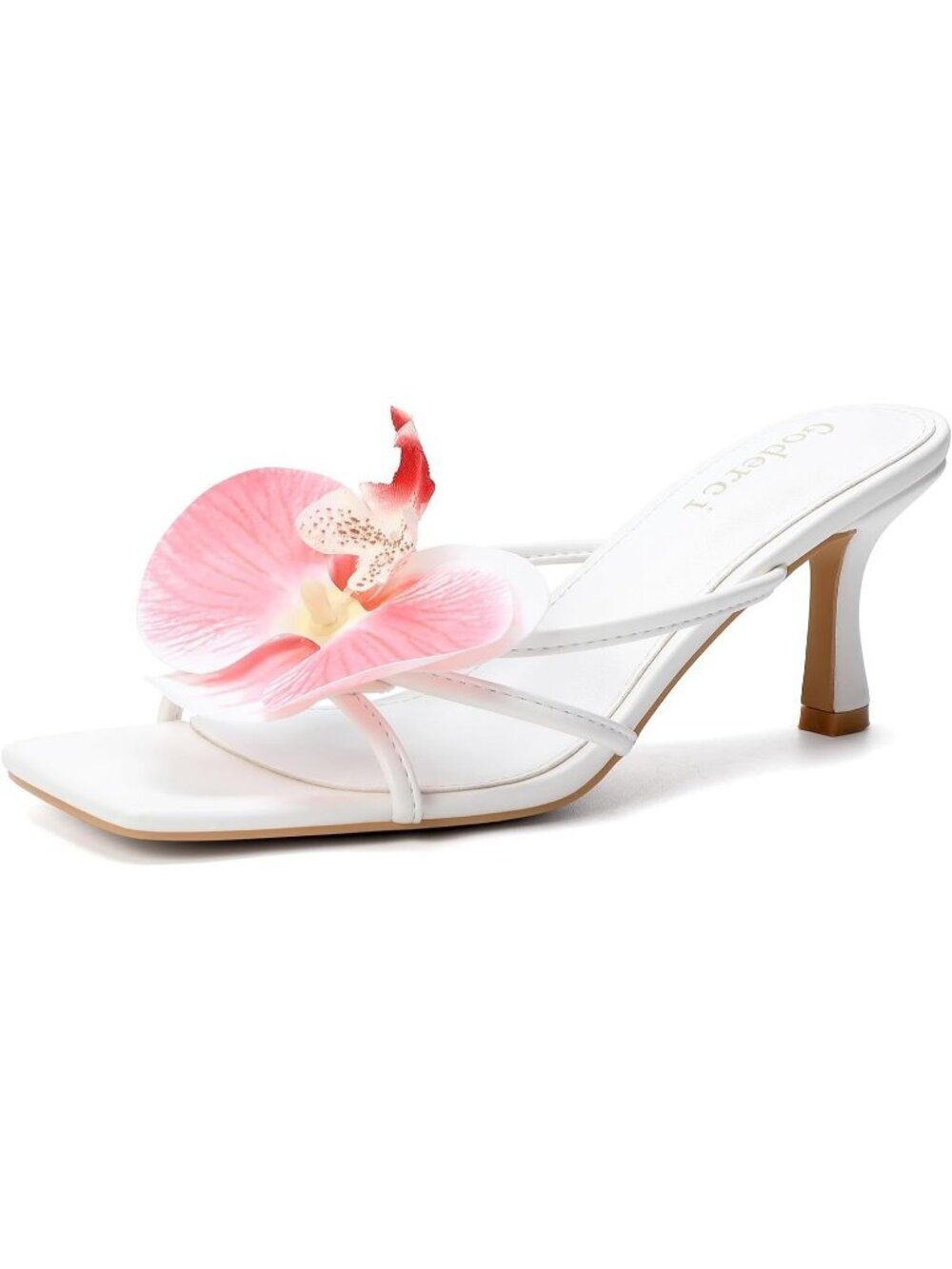 Goderci Women's Pink Rubber Floral Square Open Toe Mid Slip On Mule Heels